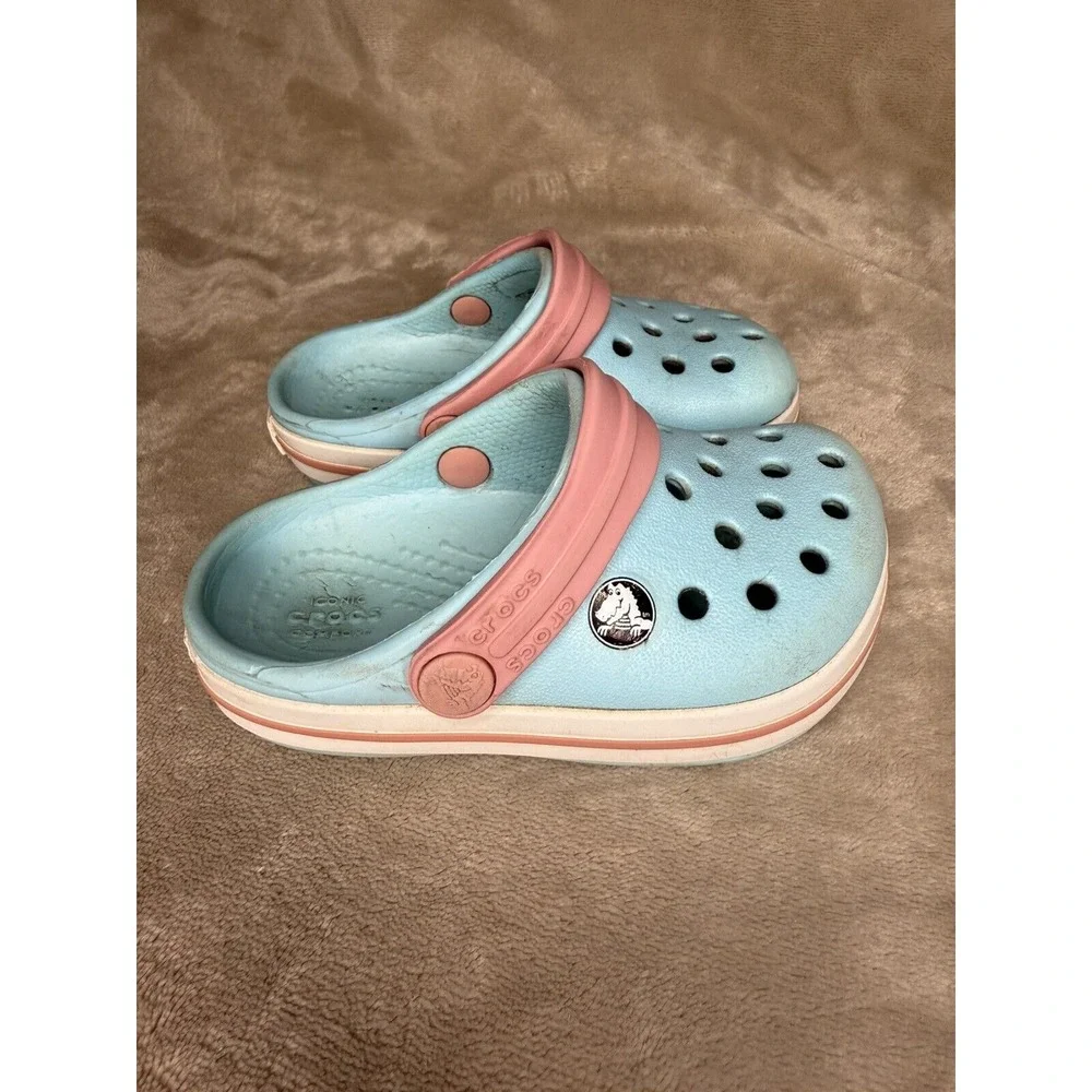 Crocs Crocband Clogs K Kids Ice Blue / Pink Slip On Shoes Back Strap Size 5C